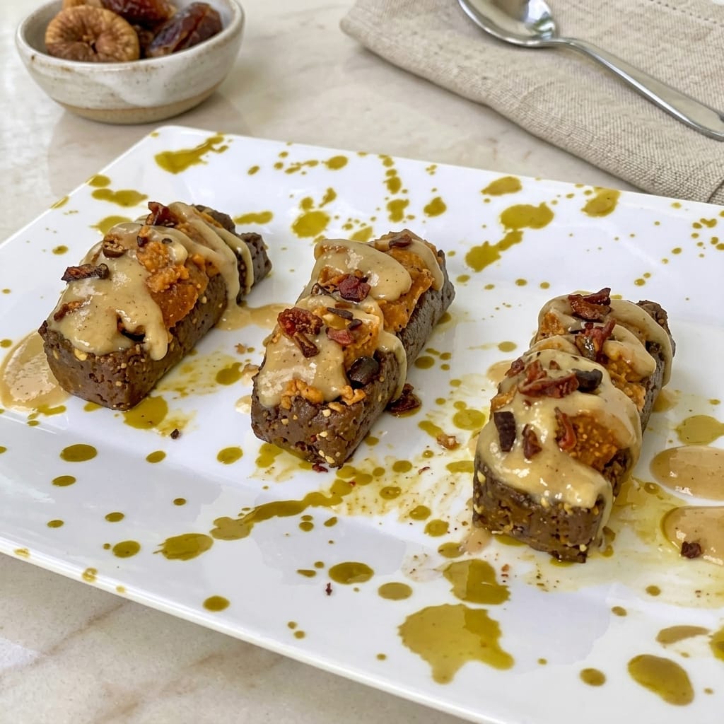 chocolate protein bars topped with a peanut butter sauce