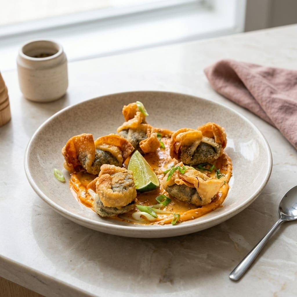 crispy vegetable gyoza with tumeric tahini sauce