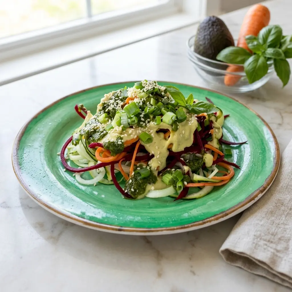raw pad thai with a cilantro sauce