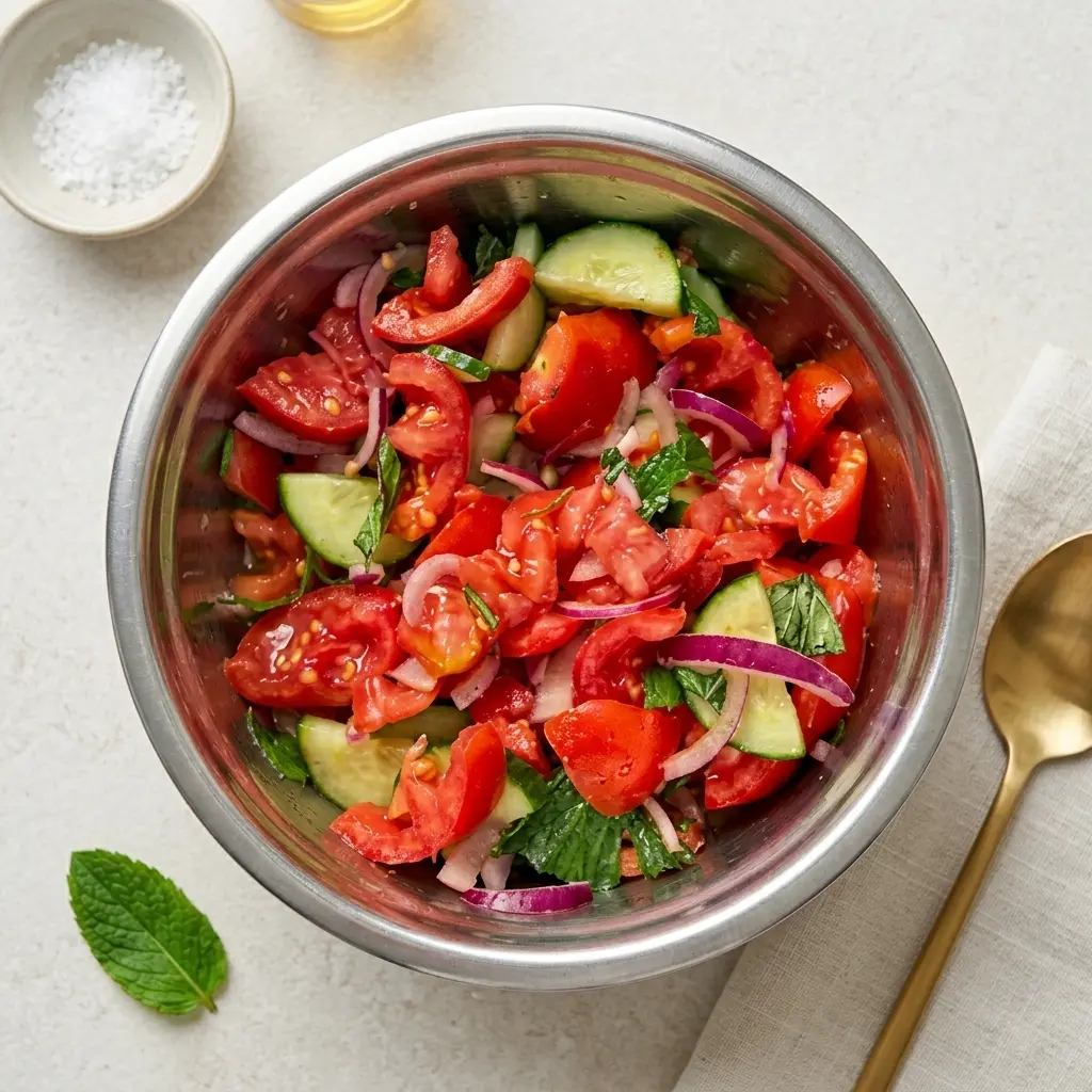 simple fresh mixed cucumber tomato salad with avocado oil and apple cider vinerger and a pinck of sea salt